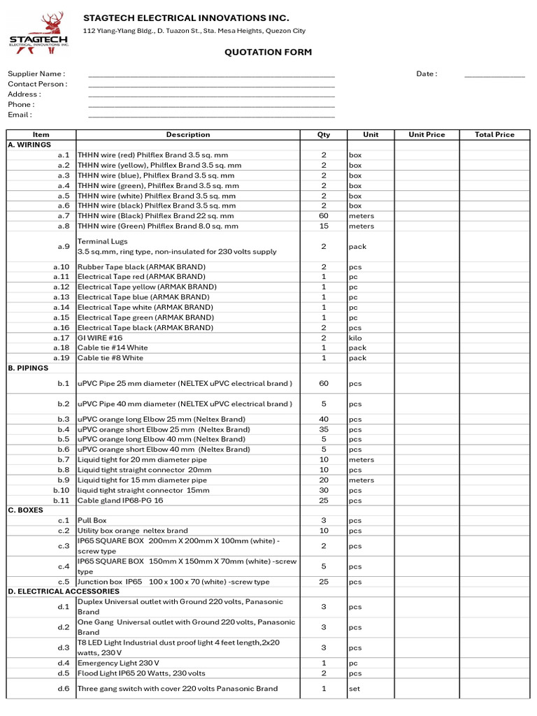 Quotation Form For Electrical | PDF