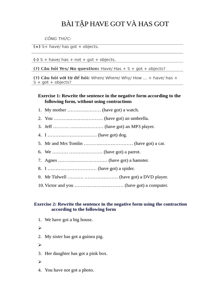 Exercises on Have Got and Has Got | PDF | Language Arts & Discipline