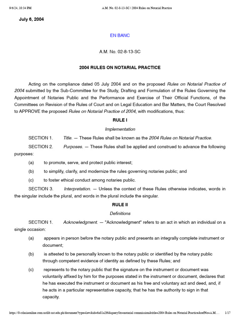 A.M. No. 02-8-13-SC - 2004 Rules On Notarial Practice | PDF