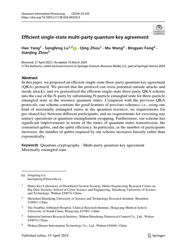 Efficient Single-State Multi-Party Quantum Key Agreement | PDF