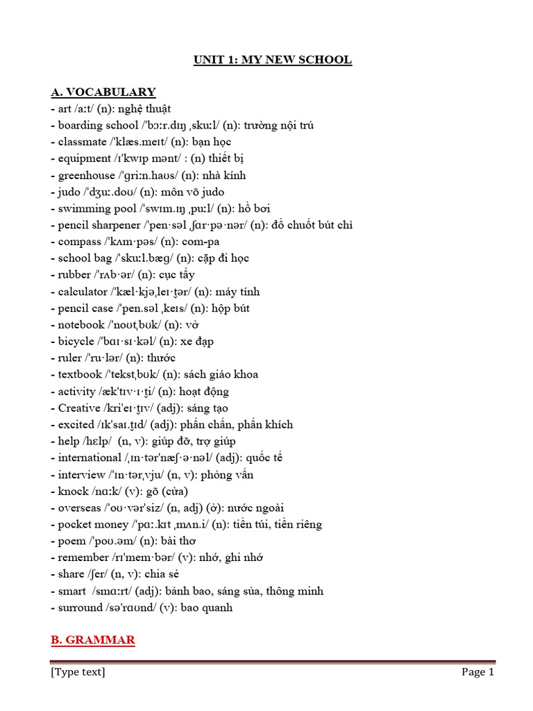 UNIT 1 - My New School | PDF