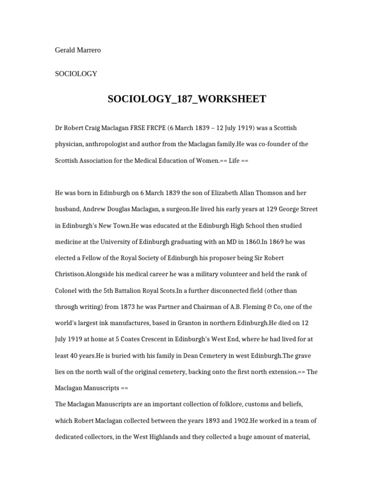 Sociology 187 Worksheet | PDF