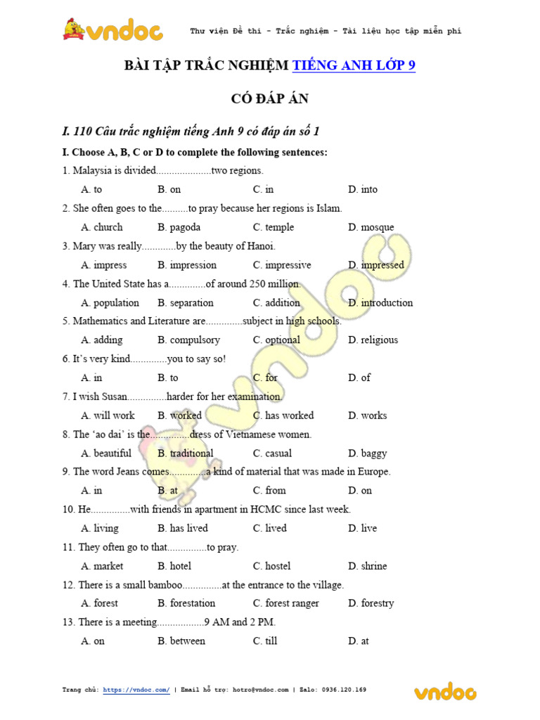 250 Cau Trac Nghiem Tieng Anh Lop 9 Co Dap An | PDF
