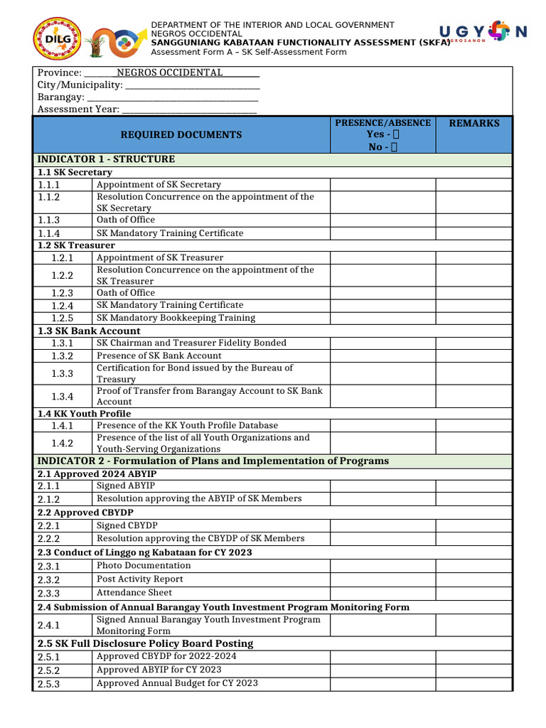 SK Assessment Form A Self Assessment | PDF
