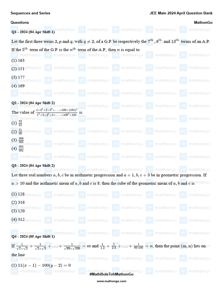 Sequences and series jee main 2024 april question bank mathongo pdf