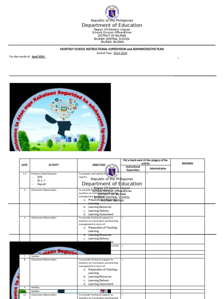 Biliran Central School April 2024 Plan | PDF | Teachers | Curriculum
