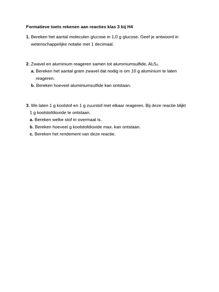 Formatieve Toets Rekenen Aan Reacties Klas 3 Bij H4 | PDF