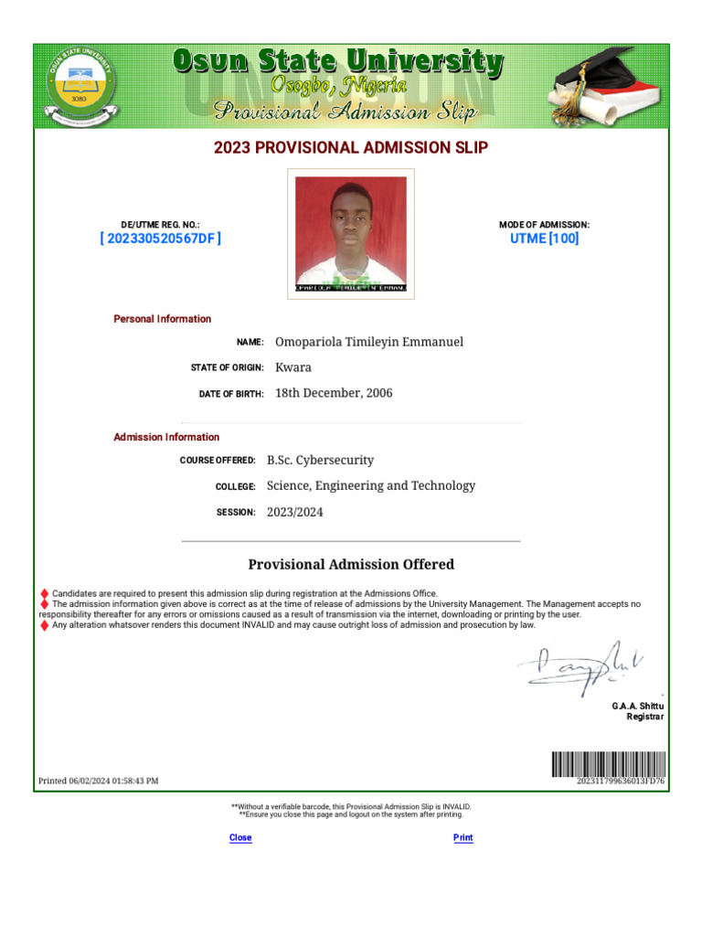 2023 Provisional Admission Slip | PDF