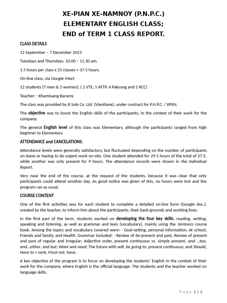 Term 1 Elementary Class Report Dec. 2023.v2 | PDF | Teachers | Human ...