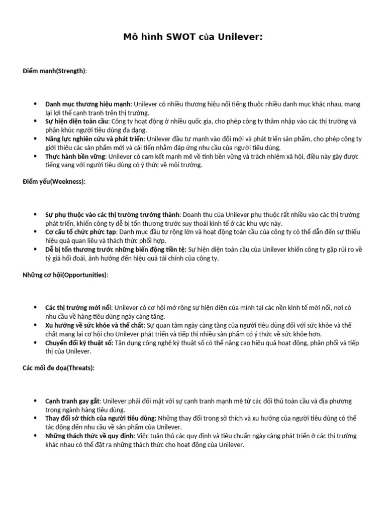 Mô Hình SWOT C A Unilever | PDF