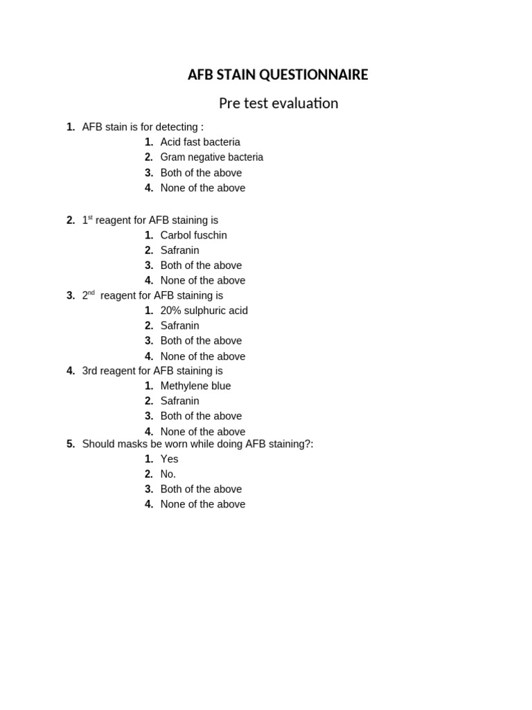 AFB Stain Questionnaire for Evaluation | PDF