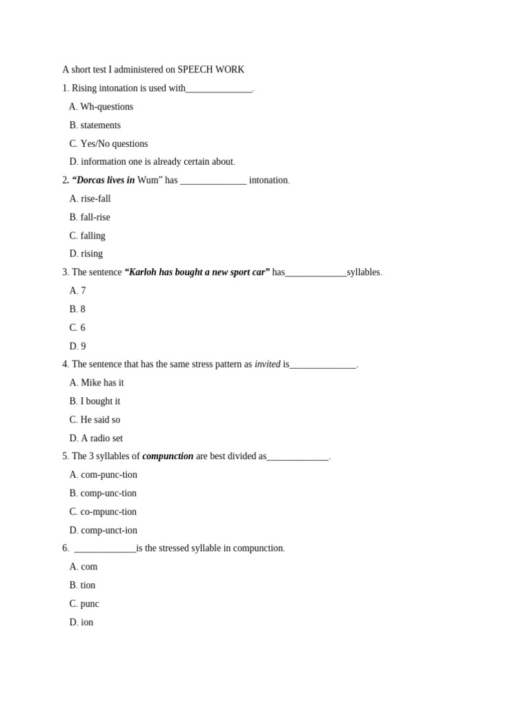 A Short Test I Administered On SPEECH WORK | PDF