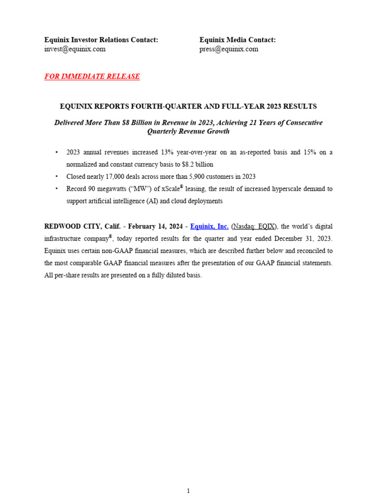 Equinix Q4 2023 Press Release and Financials | PDF