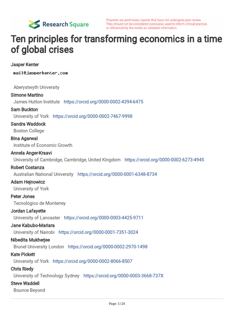 Ten Principles For Transforming Economics in A Tim | PDF