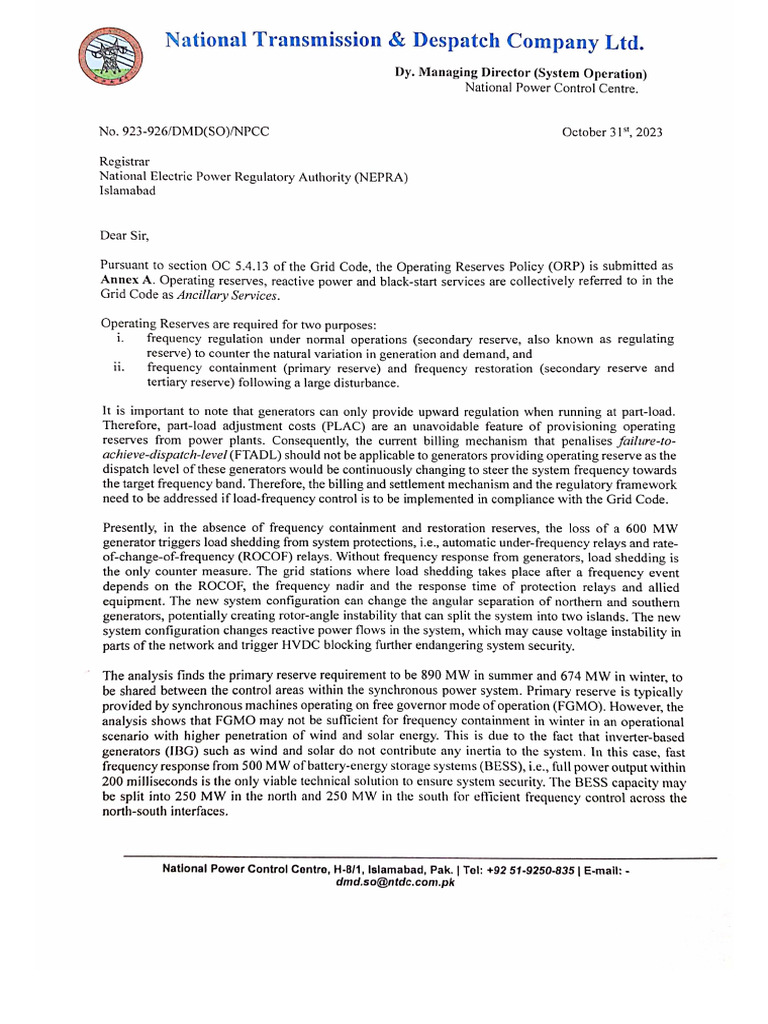 Operating Reserves Policy NTDC | PDF