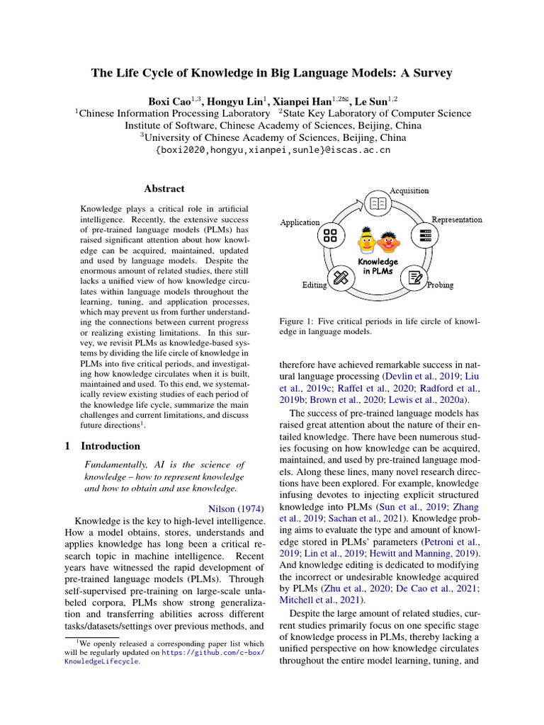 The Life Cycle of Knowledge in Big Language Models A Survey | PDF