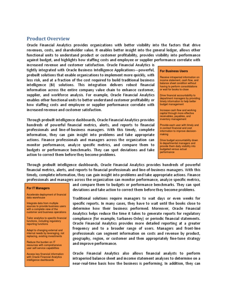 Oracle Financial Analytics Overview | PDF | Analytics | Working Capital