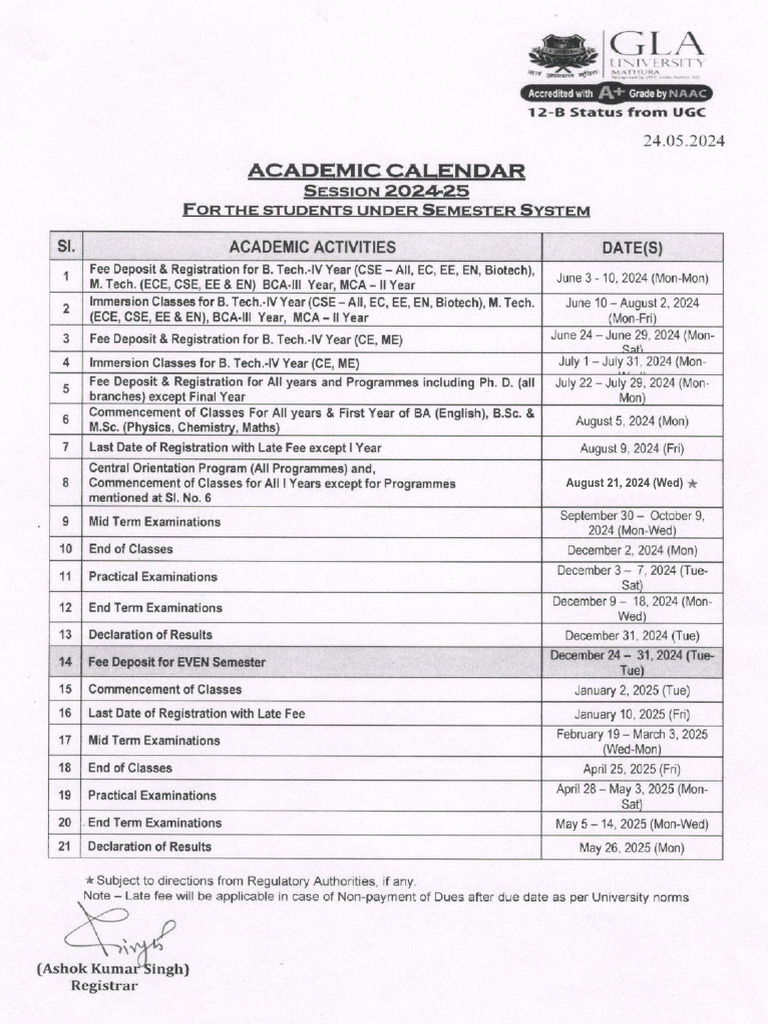 GLA Academic Calendar2024-25 | PDF
