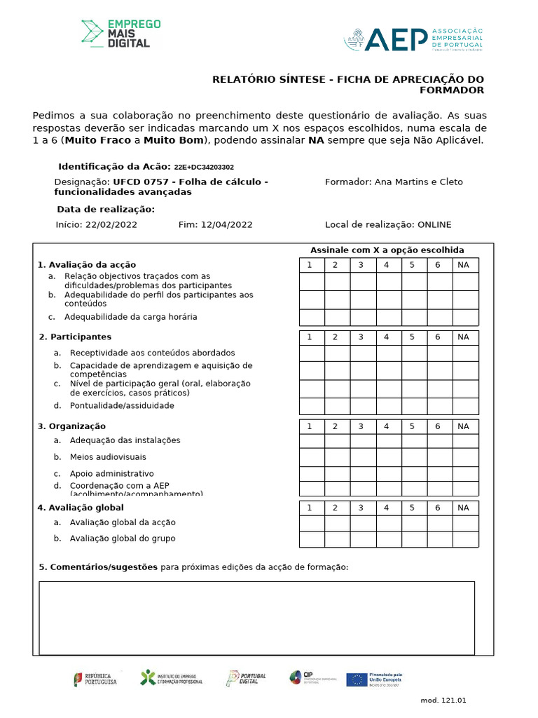 M121 Ficha de Aprec Formador 0757 22fev | PDF