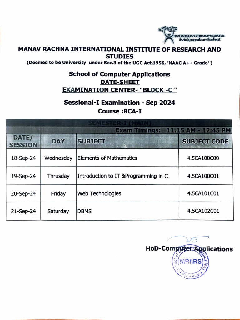 Sessional-1 Datesheet | PDF