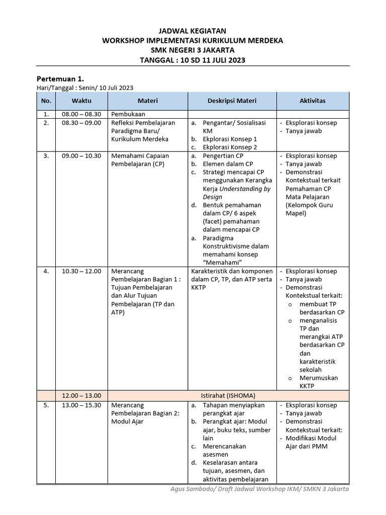Jadwal Workshop Kurikulum Merdeka SMK 3 | PDF