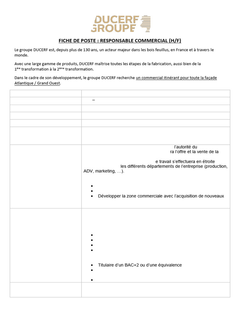Fiche de Poste Responsable Commercial Avril 2018 | PDF
