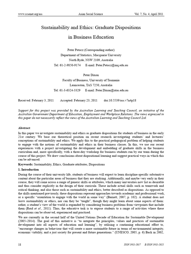 2011 - Sustainability and Ethics - Graduate Dispositions in Business ...