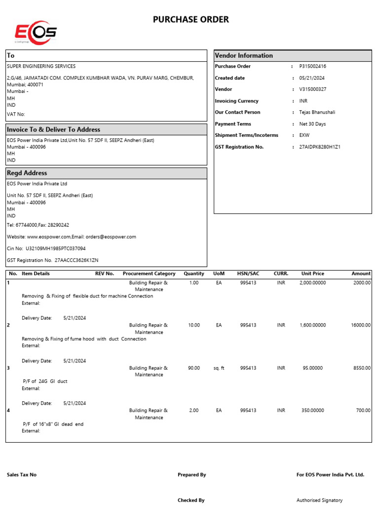 Purchase Order: To Vendor Information | PDF