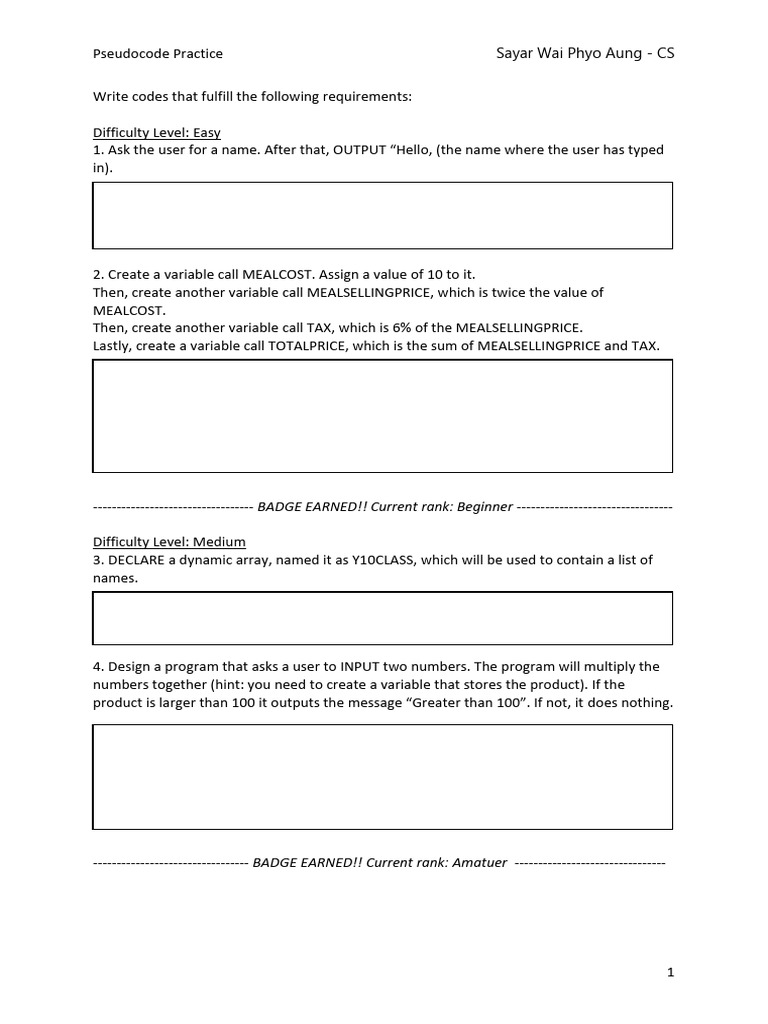 Pseudocode Worksheet (December Series) | PDF