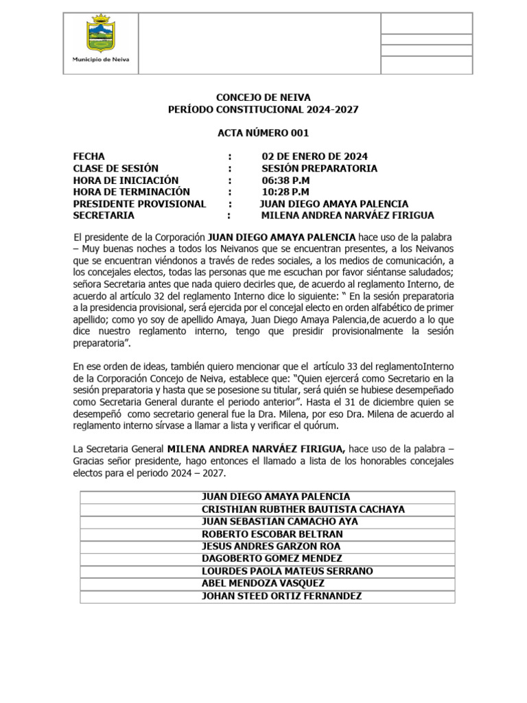 Acta 001 de 02 Enero 2024 Concejo de Neiva | PDF