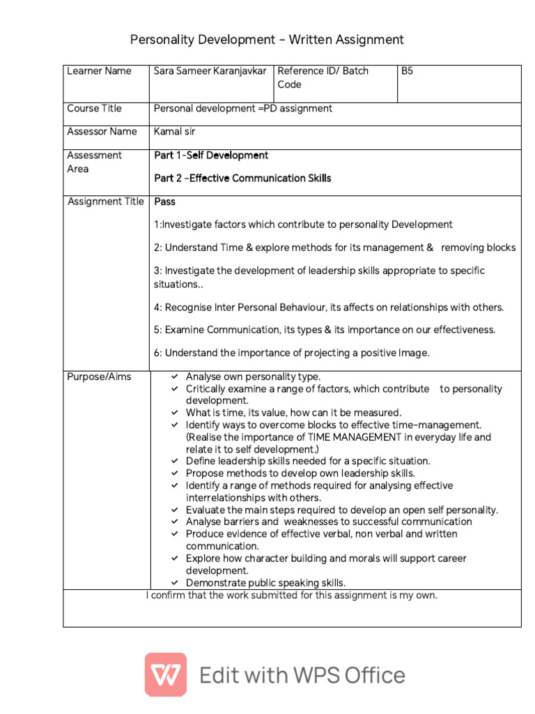 Personality Development Assignment Guide | PDF | Leadership | Motivational