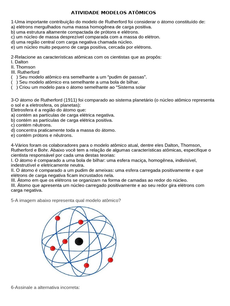 ATIVIDADE MODELOS ATÔMICOS 9º ANO | PDF