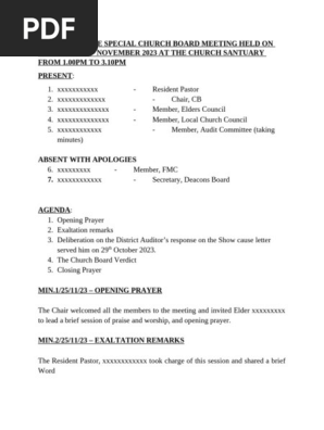 MINUTES OF THE SPECIAL CHURCH BOARD MEETING HELD ON SATURDAY 25TH NOVEMBER 2023 AT THE CHURCH SANTUARY FROM 1