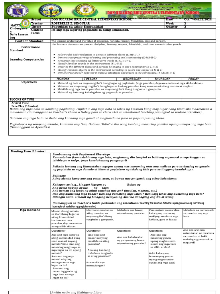 Kindergarten Lesson Plan: Community Focus | PDF | Behavior Modification ...