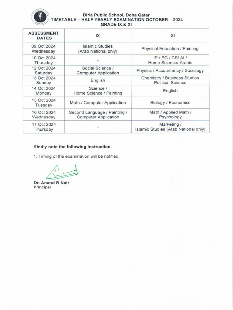 Timetable For Half Yearly Grade Ix Xi Oct 2024 Pdf