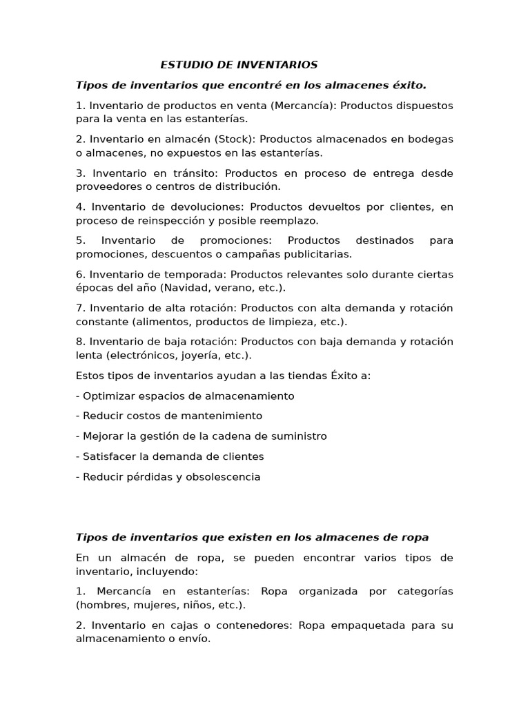 Tipos de Inventarios en Almacenes Éxito | PDF | Almacén | Procesos de ...