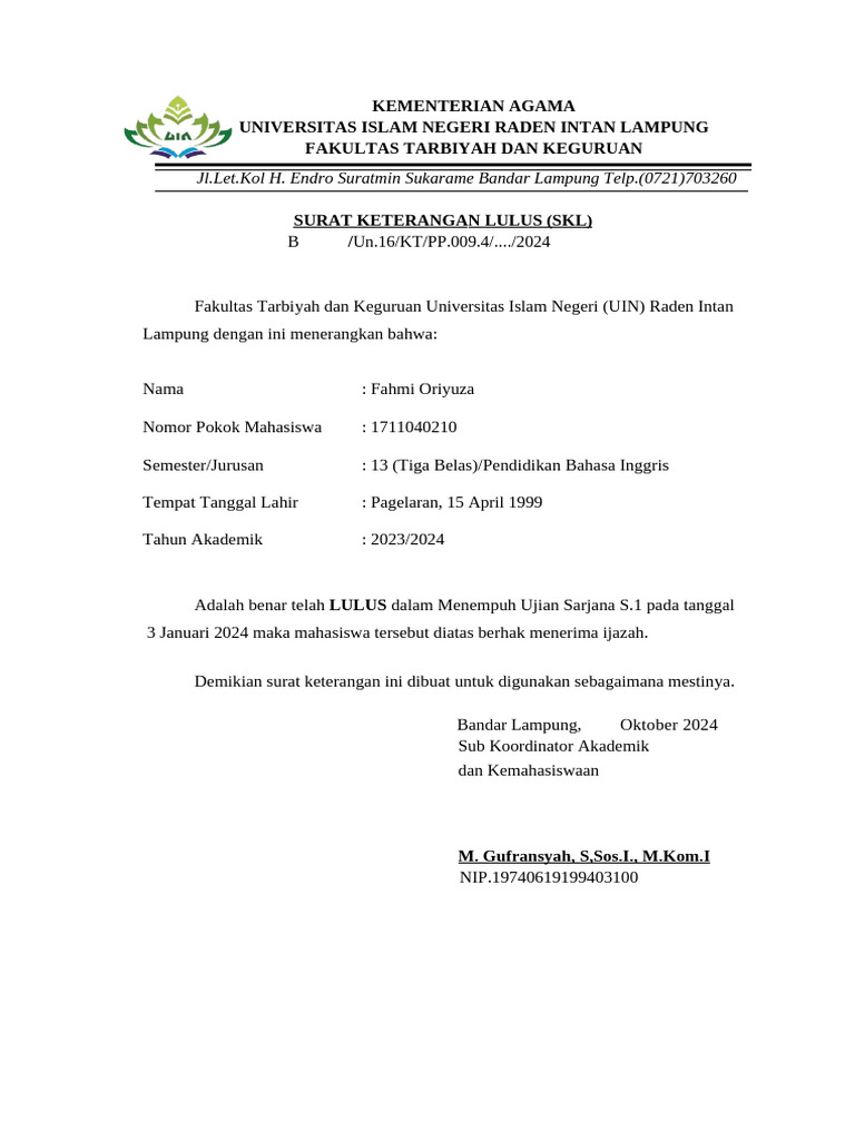 JL - Let.Kol H. Endro Suratmin Sukarame Bandar Lampung Telp. (0721 ...