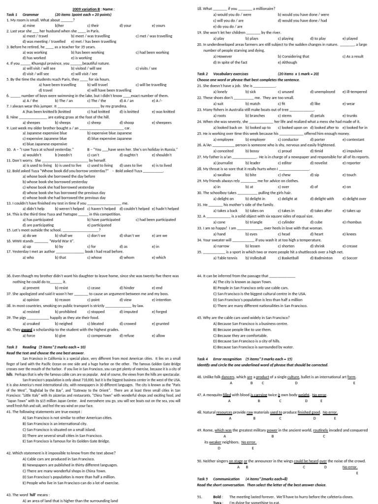 Task 1 Grammar (20 Items 1point Each 20 Points) | PDF