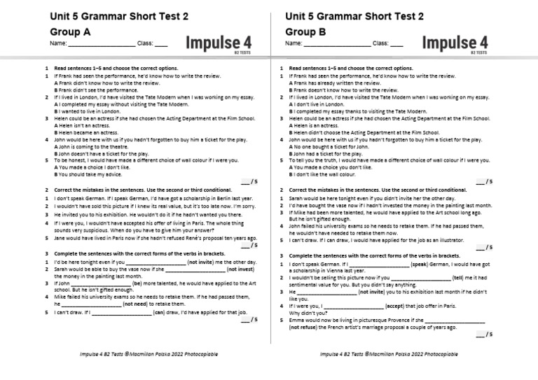 Unit 5 Grammar Short Test 2 AB | PDF