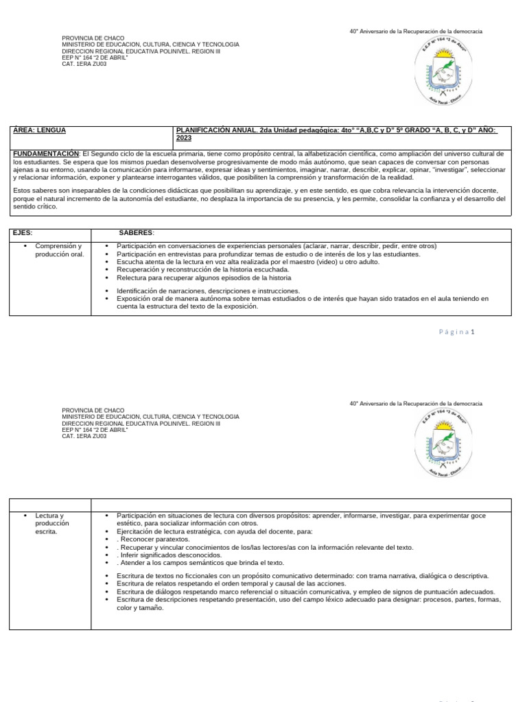 PLANIFICACION ANUAL DE 4to y 5to GRADO AÑO 2023 | PDF