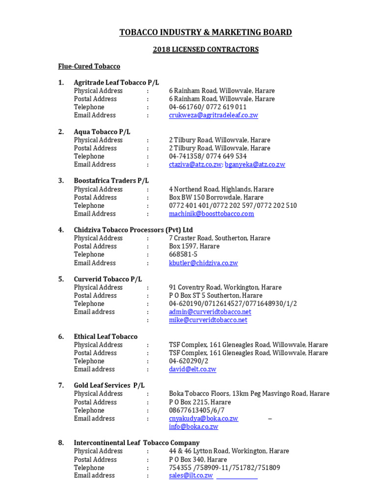 2018 Licenced Tobacco Contractors | PDF