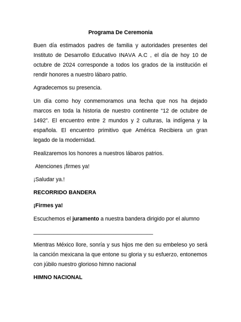 Programa de Ceremonia Octubre 1 | PDF