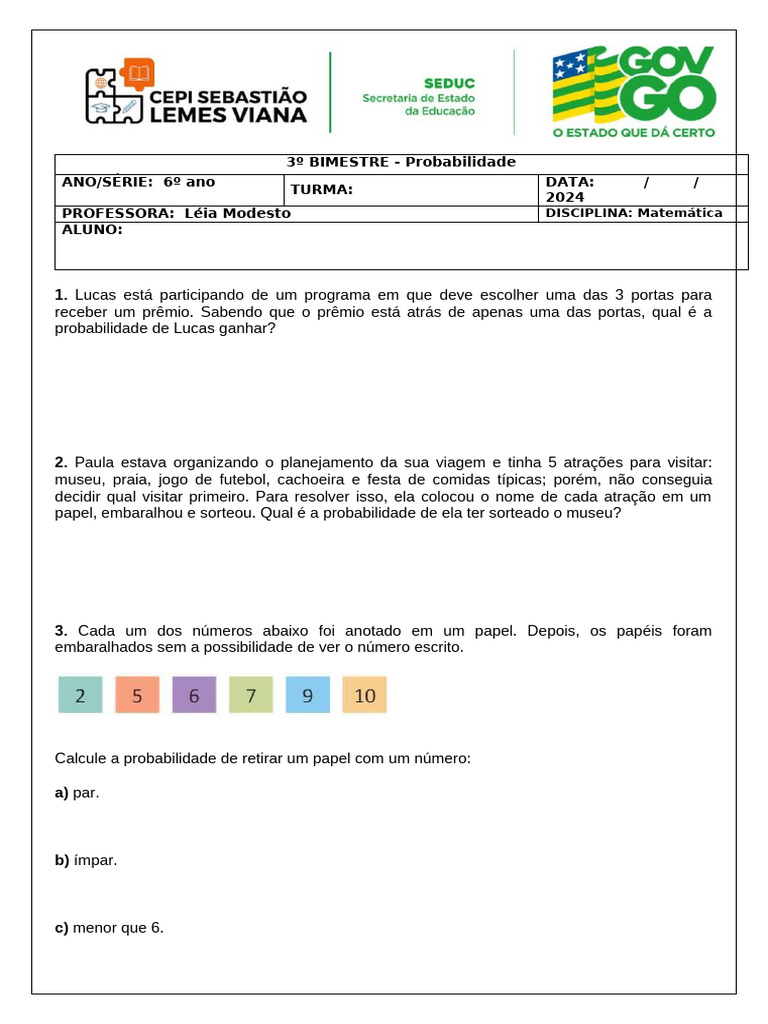 Probabilidade para 6º Ano - Exercícios | PDF | Jogos e Atividades
