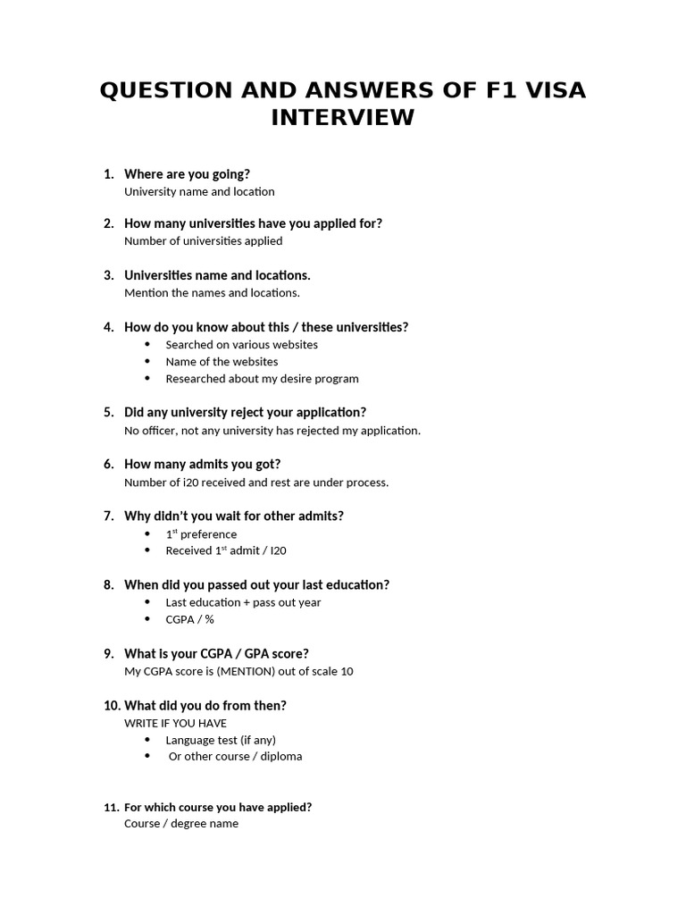 Sample of Questions and Answers of F1 Visa Usa | PDF