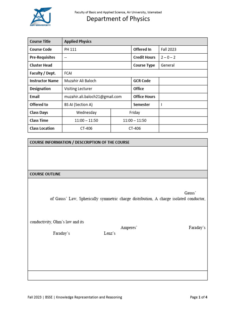 Course Plan of Applied Physics (PH-111) - BSAI Sec A | PDF