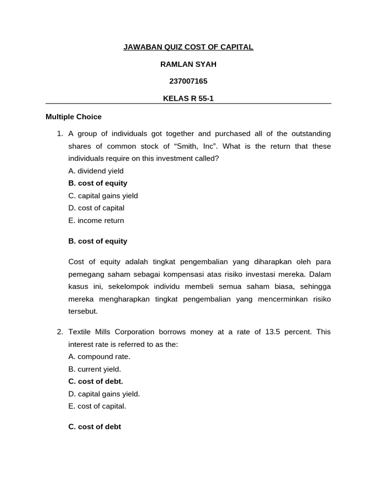 Jawaban Quiz Cost of Capital | PDF