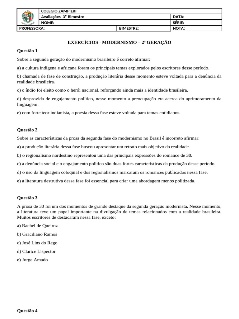 Exercícios - Modernismo - 2 Geração | PDF