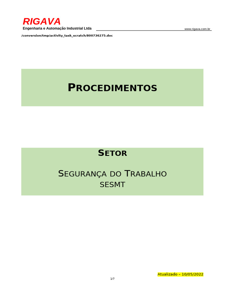 Procedimentos de Segurança do Trabalho Rigava | PDF | Engenharia ...