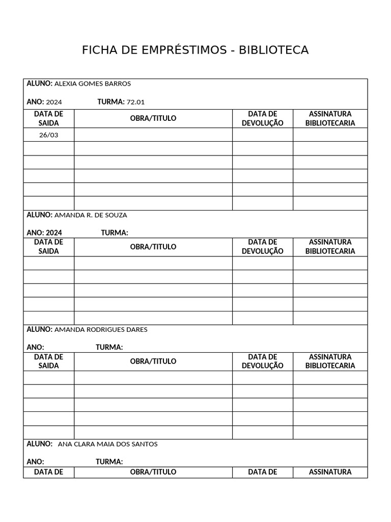 FICHA DE EMPRÉSTIMOS BIBLIOTECA | PDF