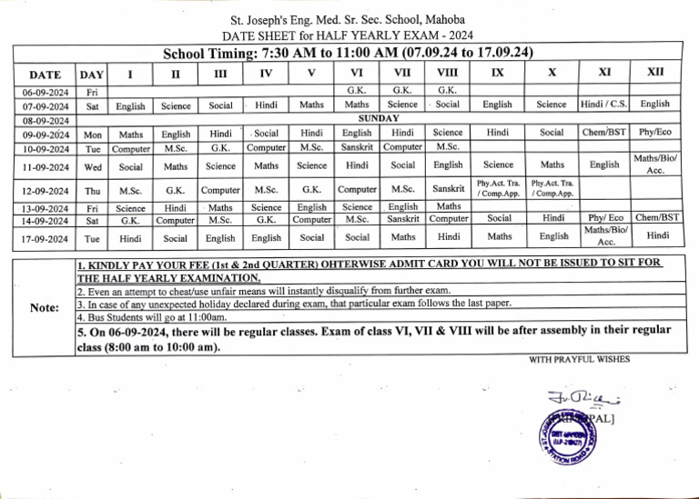 Datesheet Half Yearly Exam 2024 | PDF